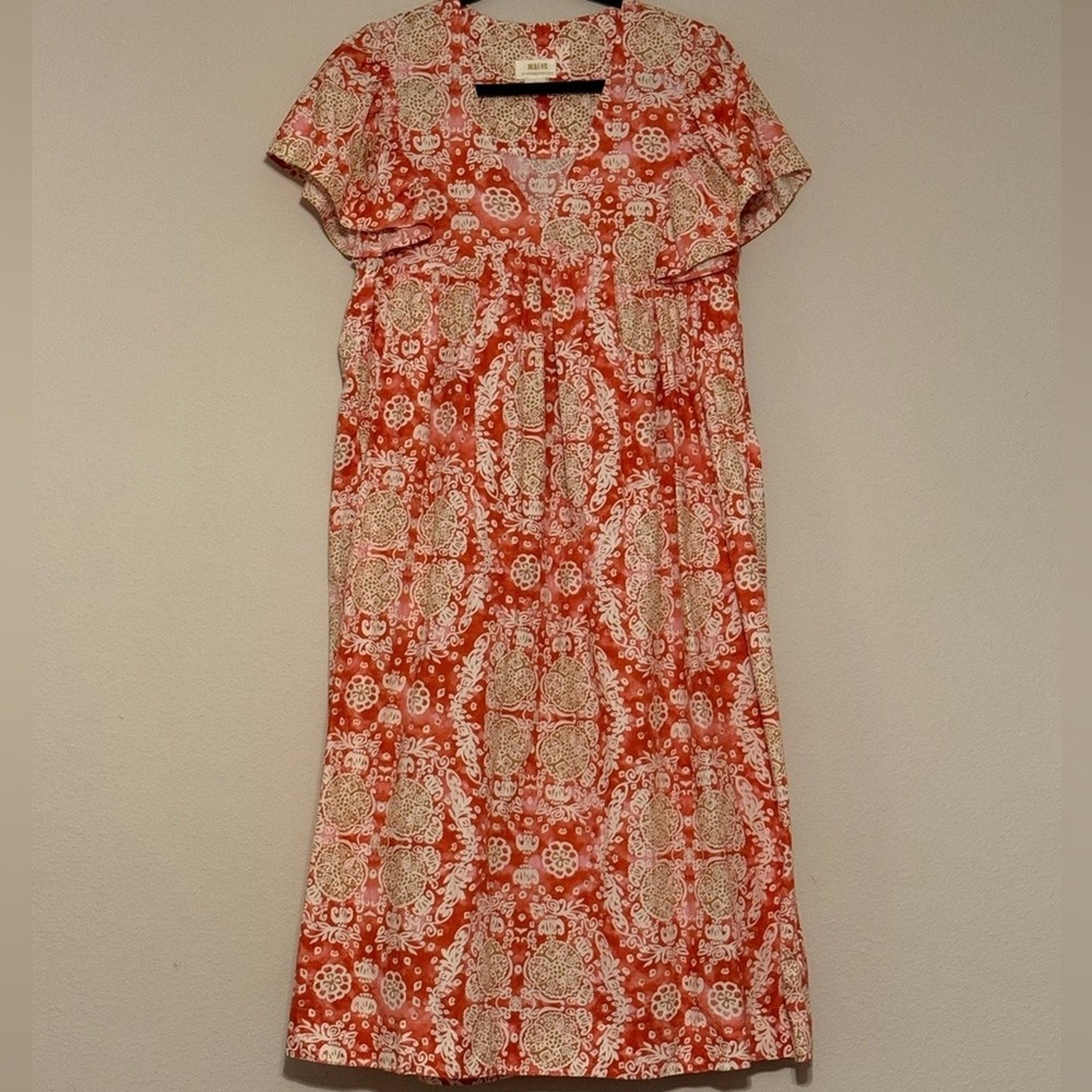 Maeve Anthropologie Orange Medallion Batik Cotton V-Neck Flutter Sleeve Dress XS
